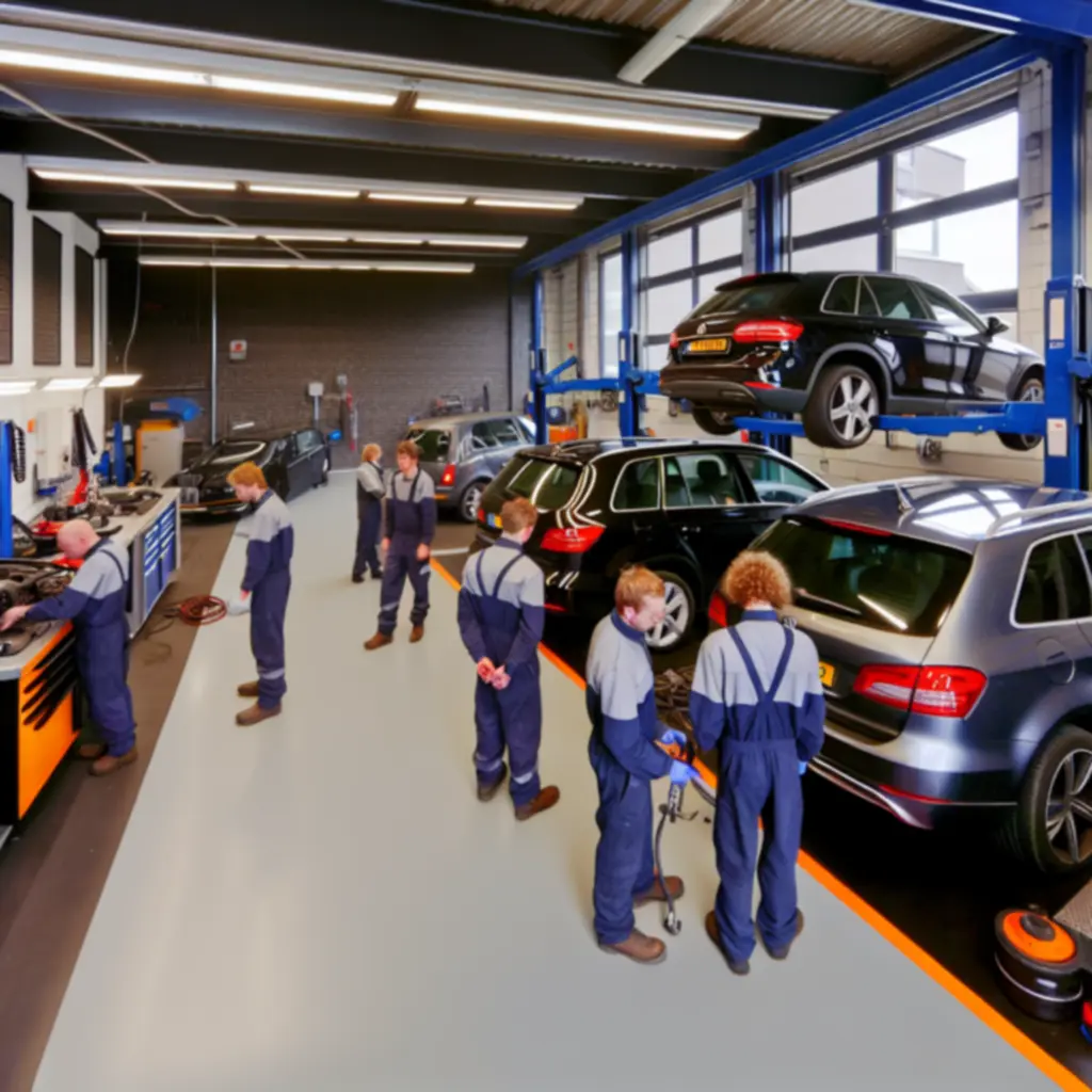 Verlichte industriële autowerkplaats met moderne bruggen en gereedschap