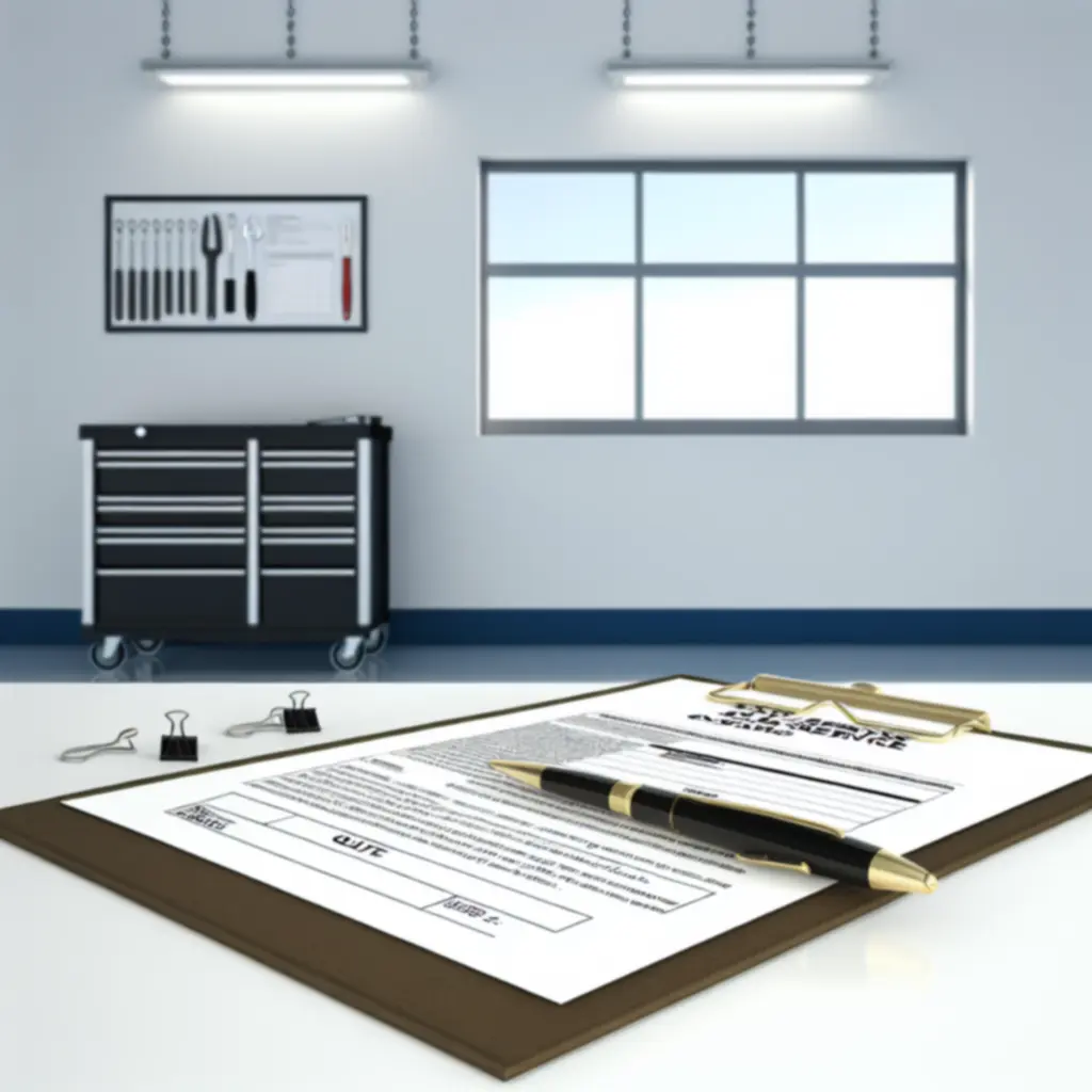 Monteur die een offerteformulier voor autoreparatie invult in een moderne werkplaats.