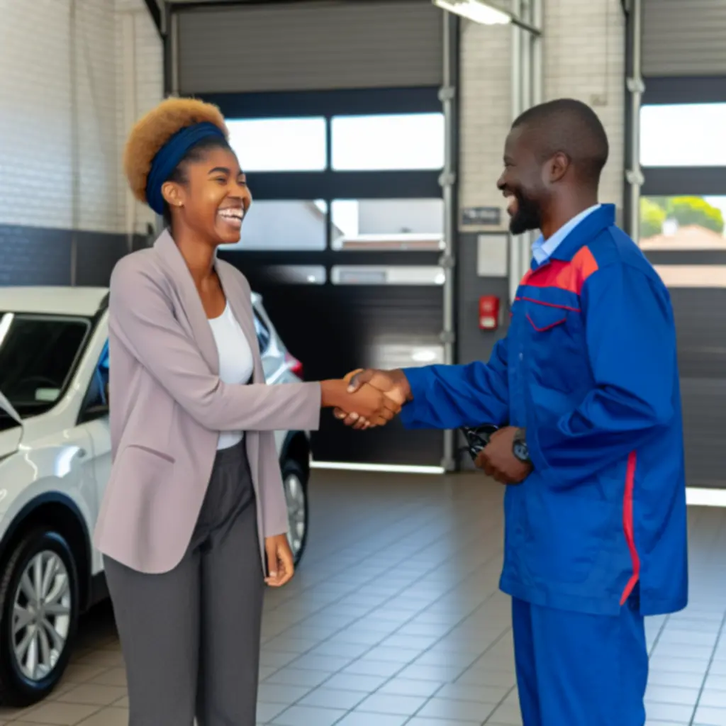 Tevreden klant stapt blij in zijn auto na een geslaagde reparatie bij VelMotoir