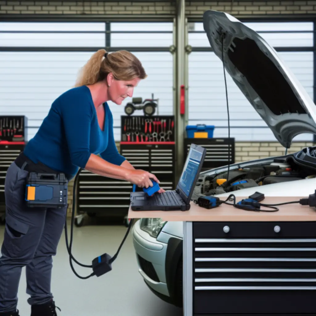 Monteur voert geavanceerde auto-diagnose uit in moderne werkplaats