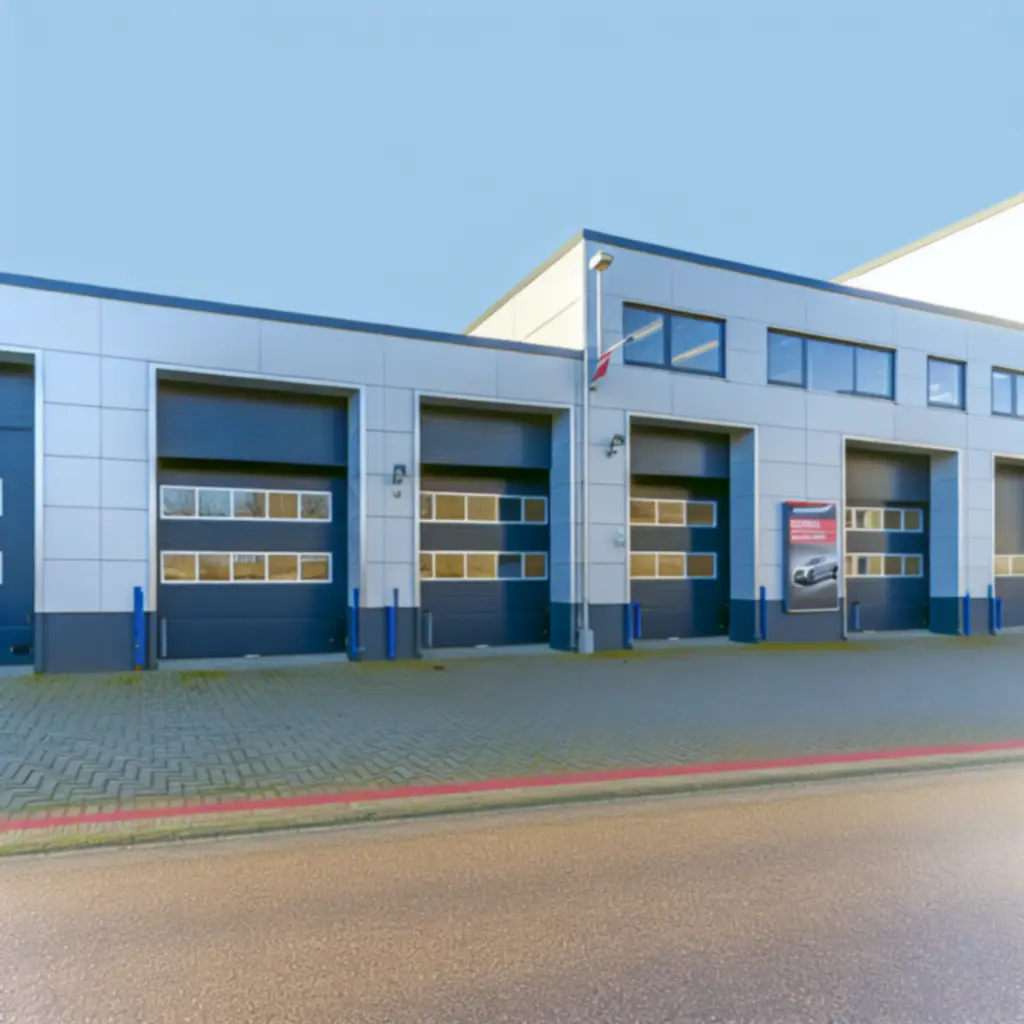 Moderne buitenzijde van de VelMotoir autowerkplaats bij schemerlicht