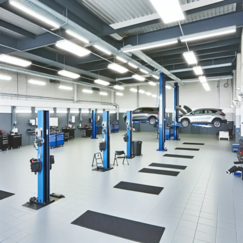 Moderne, volledig uitgeruste autowerkplaats met bruggen en diagnoseapparatuur