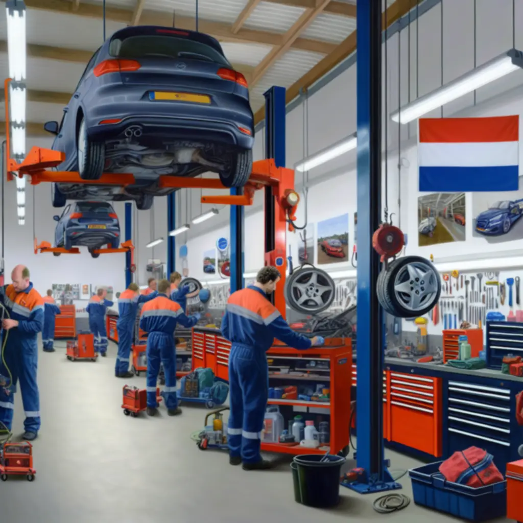 Praktijkfoto van de werkplaats van VelMotoir met vakmensen aan het werk aan een auto.