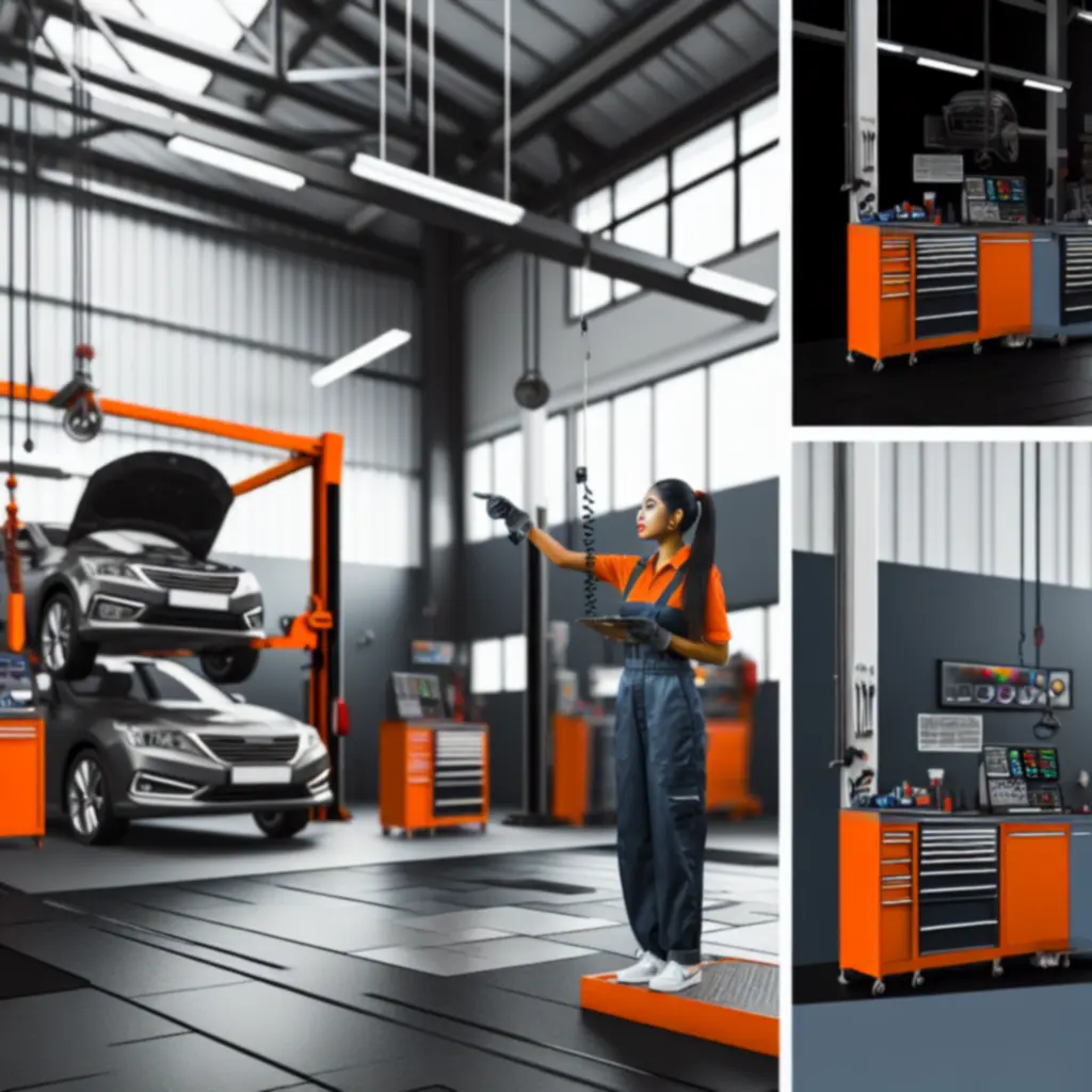 Binnenzicht van de moderne garage van VelMotoir met bruggen, gereedschap en diagnoseapparatuur.