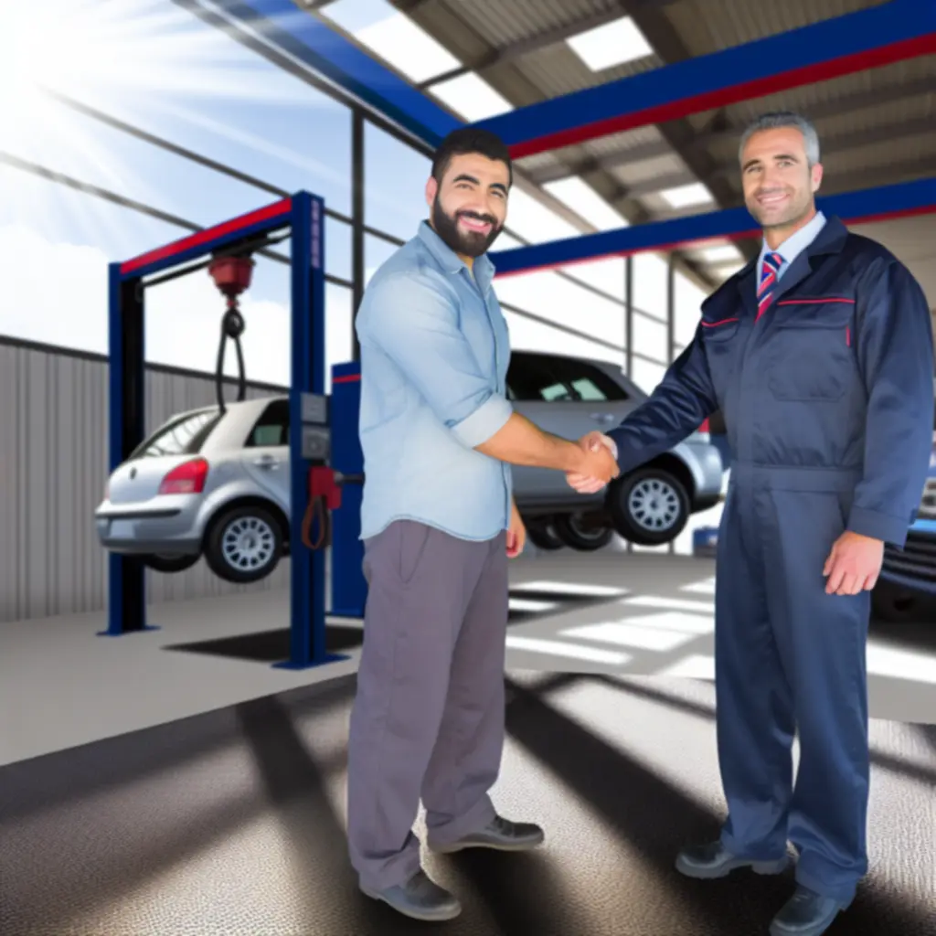 Monteur die samen met een klant in de garage naar de auto kijkt.