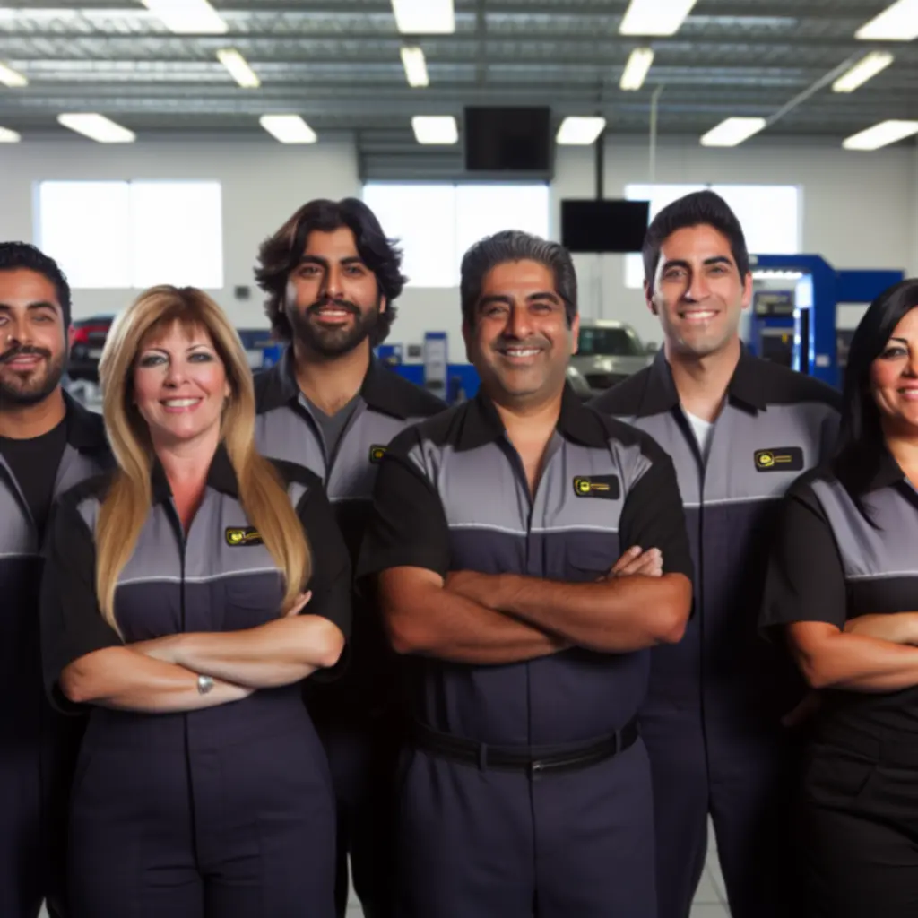 Groepsportret van het monteursteam van VelMotoir in de werkplaats