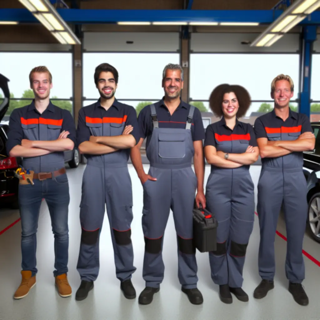 Team van gecertificeerde monteurs poseert in industriële werkplaats