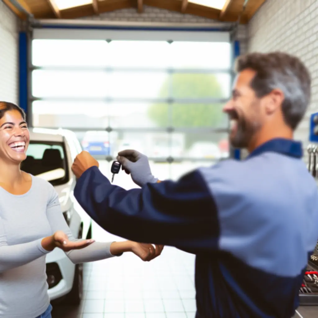 Tevreden klant die zijn auto terugkrijgt van de monteur in de werkplaats.