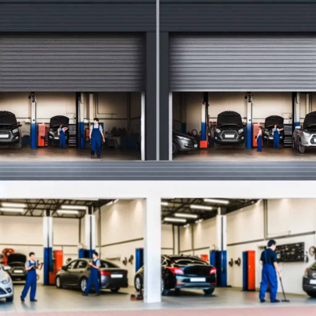 Moderne autowerkplaats van VelMotoir met monteur aan het werk aan een voertuig.