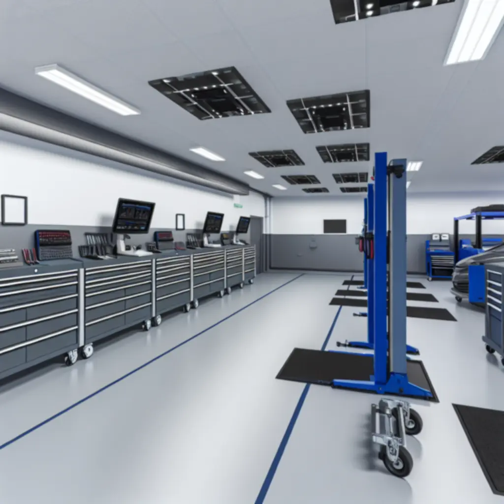 Werkbank met moderne gereedschappen en diagnoseapparatuur in de VelMotoir werkplaats